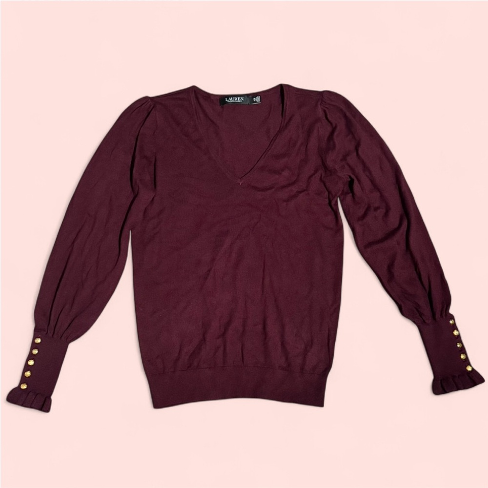 LAUREN Ralph Lauren Elegant Burgundy V Neck Holiday Sweater Gold Buttons XS